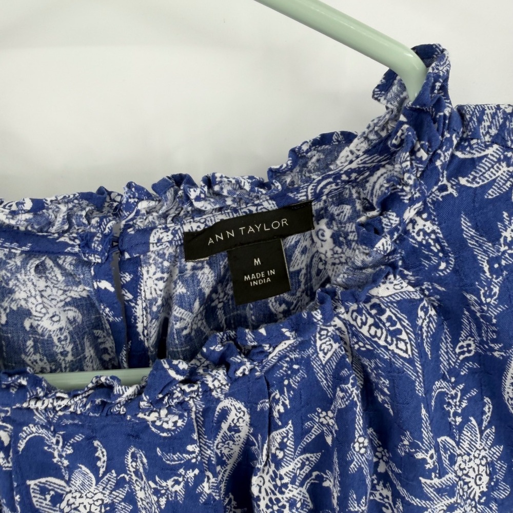 Ann Taylor Dress Womens Medium Blue Paisley Ruffle Sleeve Tiered Cotton Blend - Picture 2 of 7